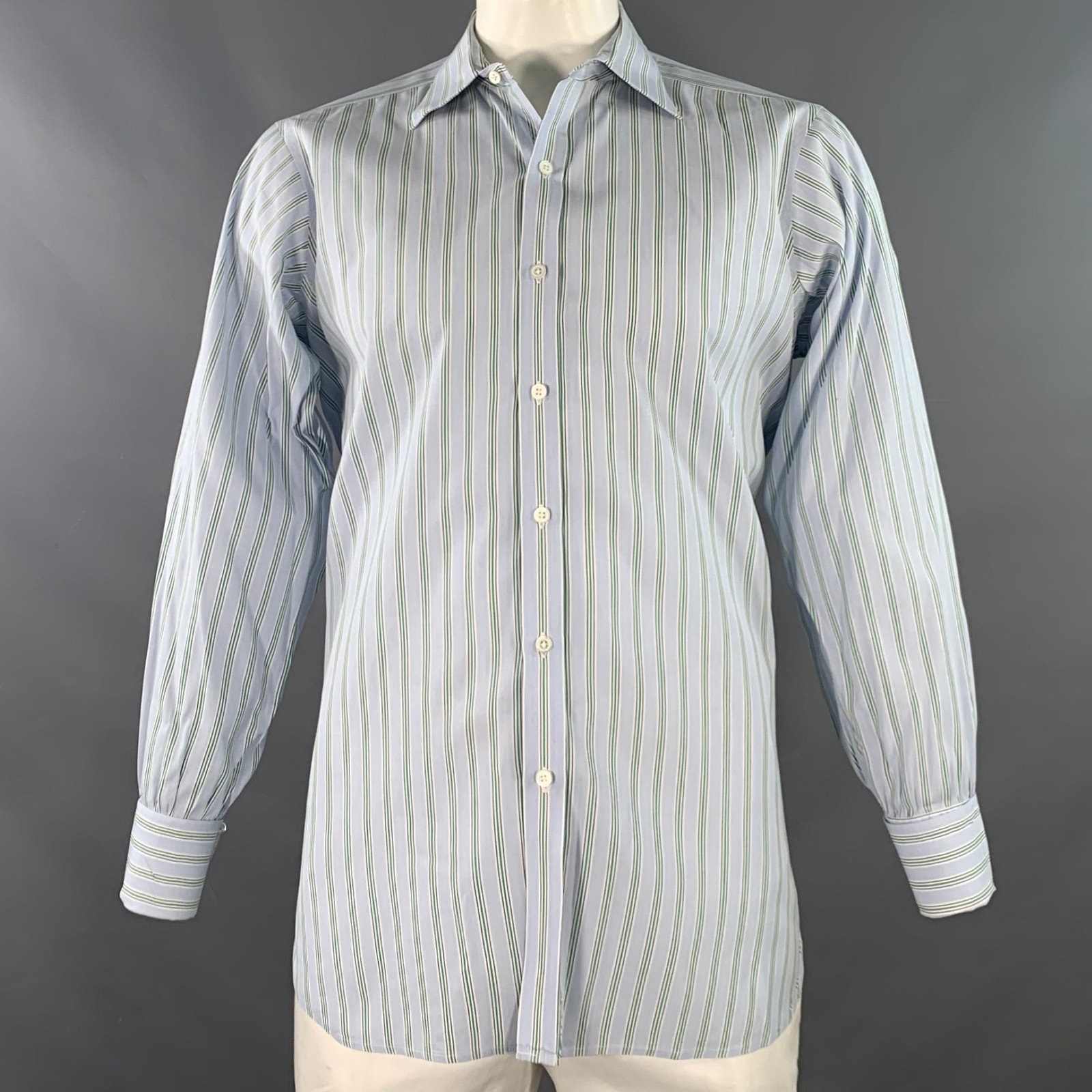 Turnbull & Asser Size L Blue Green Stripe Cotton French Cuff Long Sleeve Shirt